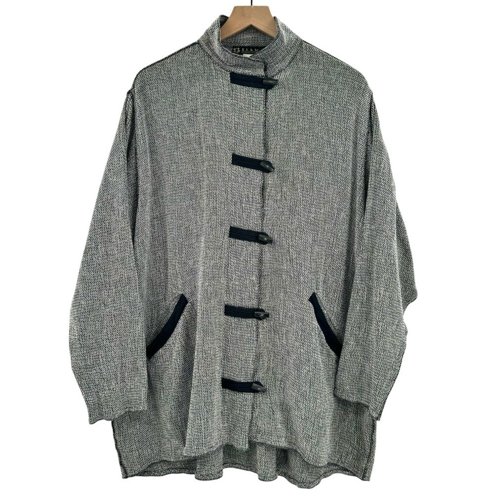 Tribe Hemp Jacket Lightweight Mandarin Collar Lagenlook Tweed Gray Black | Large